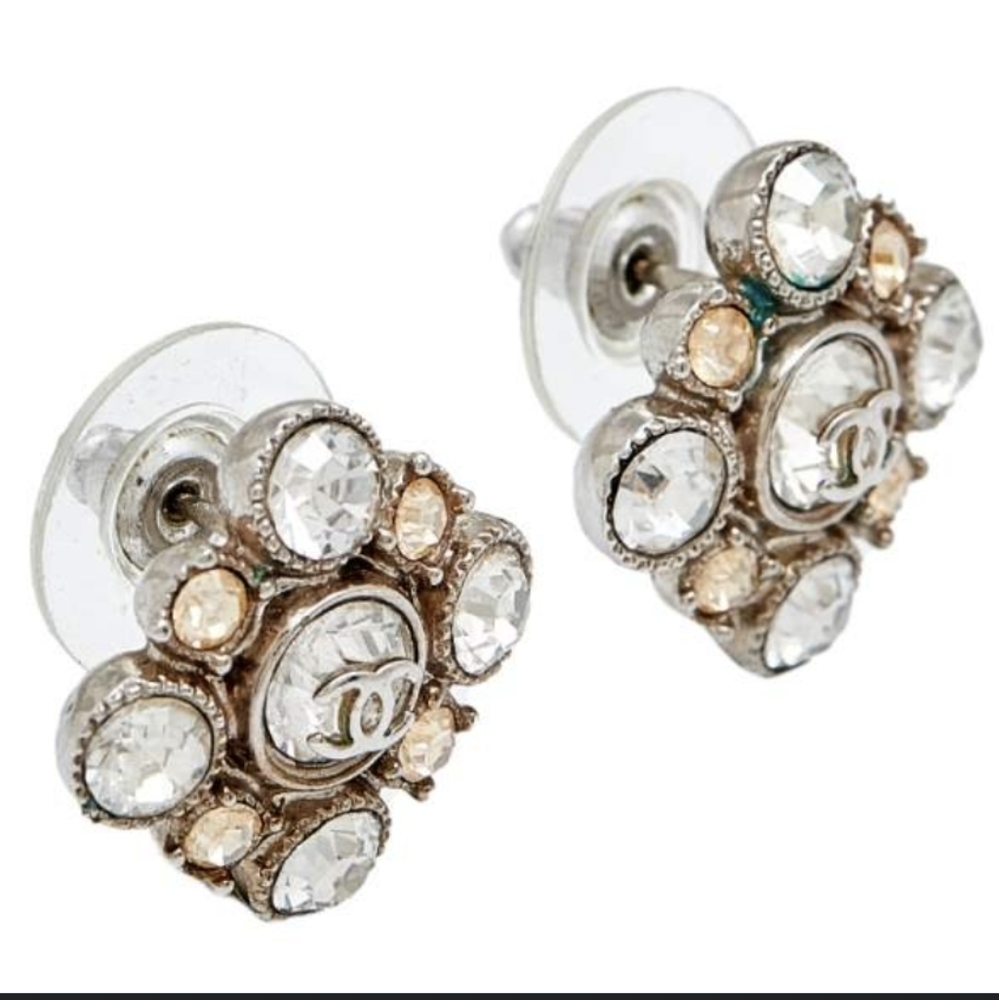 Chanel Holiday 2012 Silver Tone and Rinestone Earings with Centered CC Logo